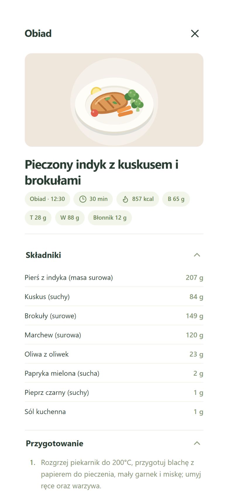 Ekran przepisu Fitviro z gramaturami i sposobem przygotowania